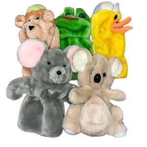 Set of 5 Vintage Plush Hand‎ Puppets Frog Mouse Duck Monkey Koala 9"